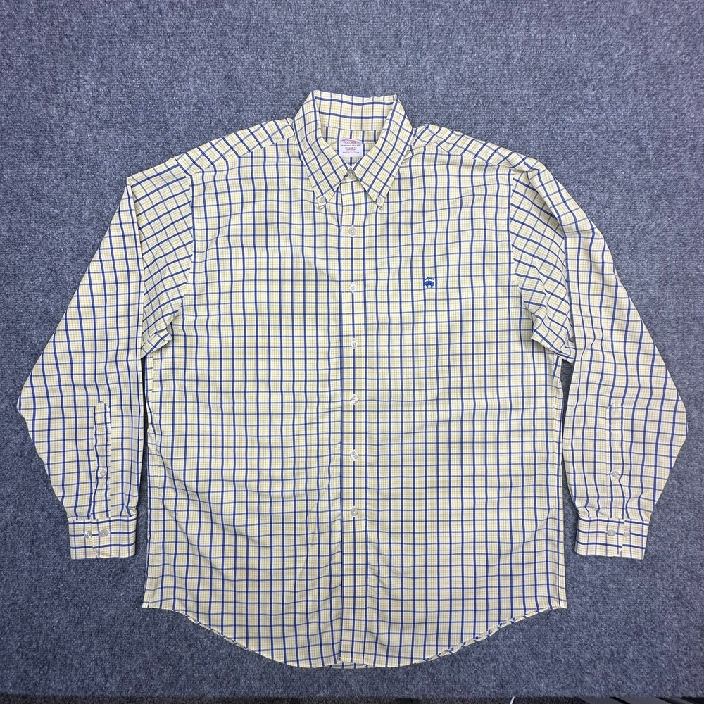 Brooks Brothers Shirt Large‎ Yellow Blue Check Non-Iron Cotton Regular Fit